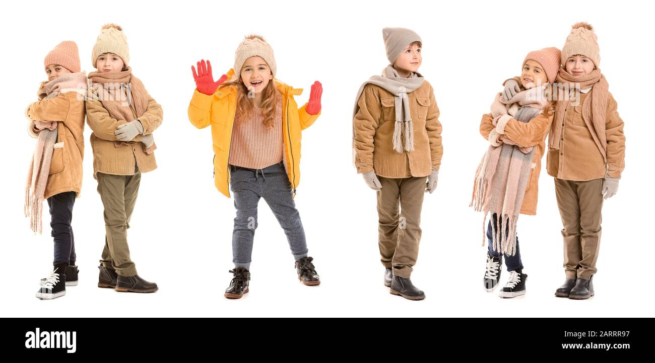 Ensemble d'enfants en vêtements d'hiver sur fond blanc Banque D'Images