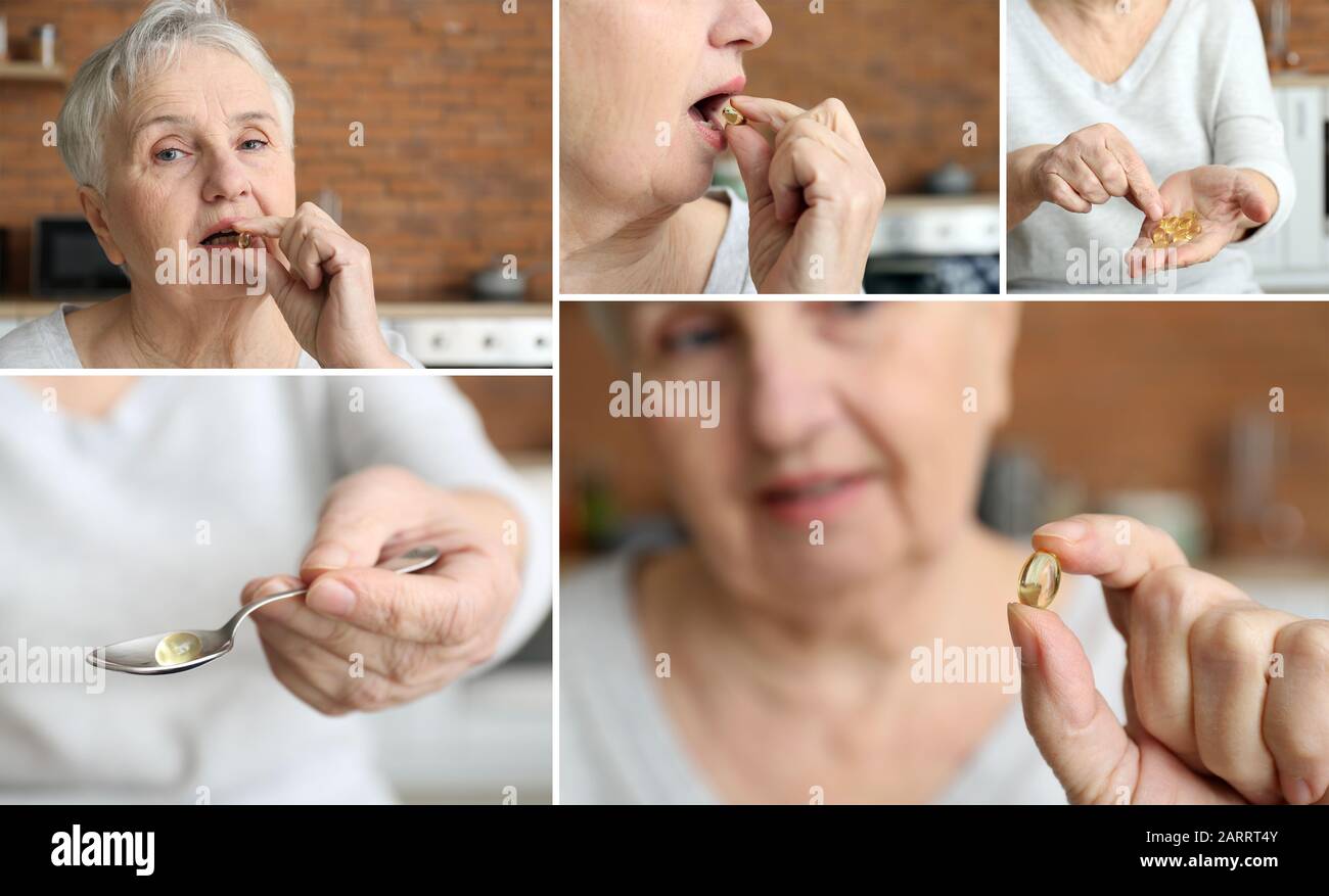 Collage de photos avec femme senior prenant des pilules d'huile de poisson Banque D'Images