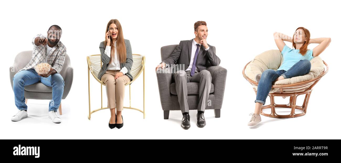 Collage avec différentes personnes assis dans des fauteuils sur fond blanc Banque D'Images