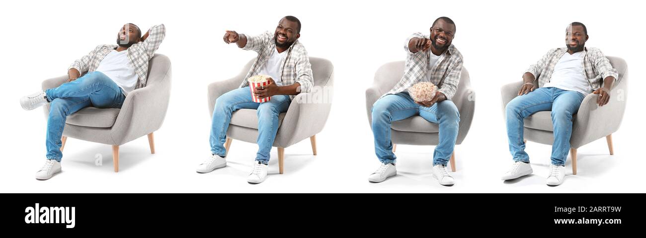 Collage avec un homme afro-américain se reposant dans un fauteuil sur fond blanc Banque D'Images