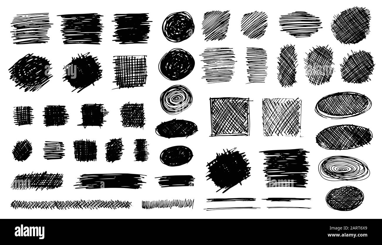 Jeu de symboles griffés à la main isolés en blanc. Esquisses de style Doodle. Badges ombragés et hachés et formes à bulles. Déig. Vecteur monochrome 8 Illustration de Vecteur