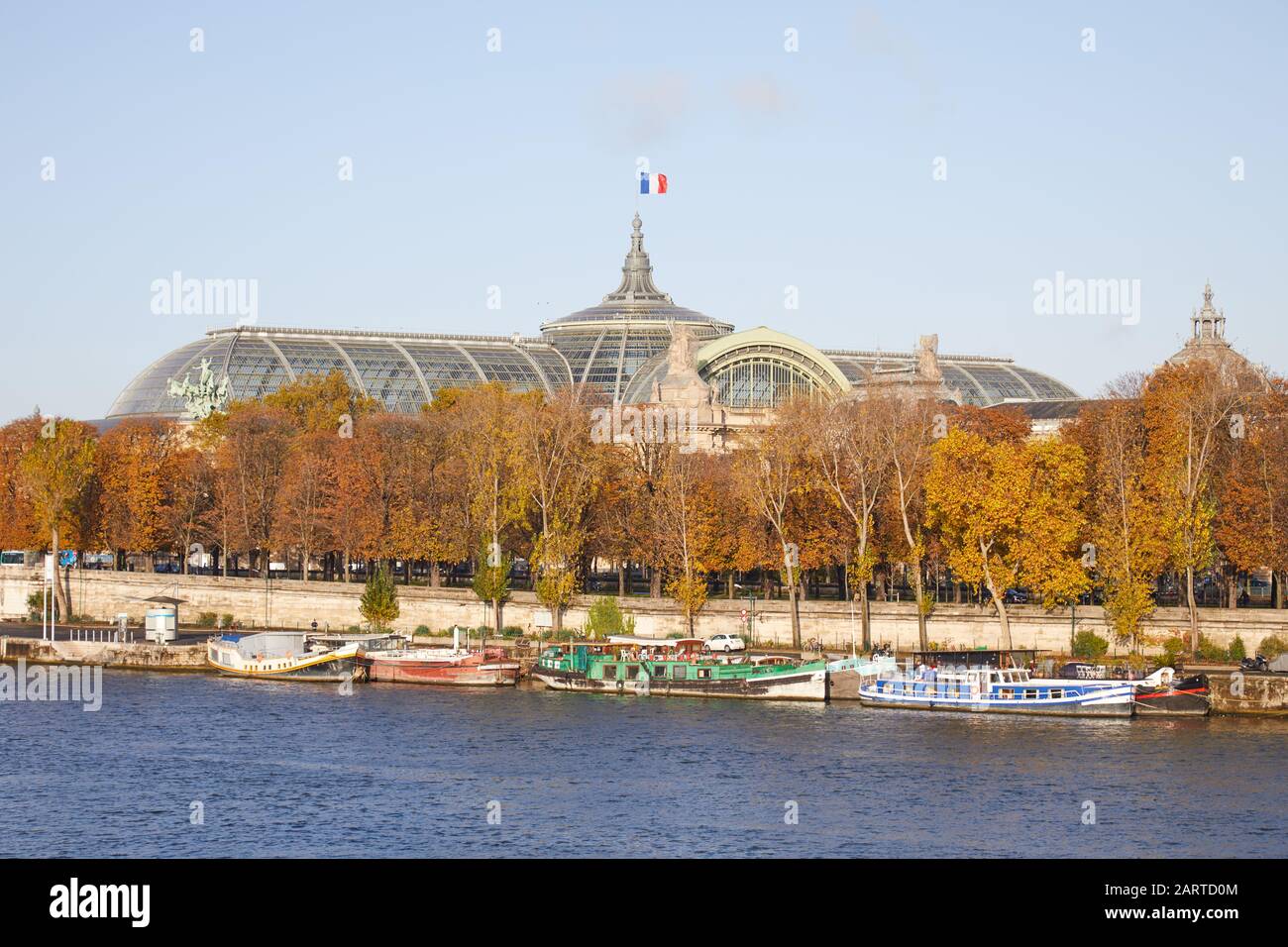 Grand Palais avec Seine et arbres d'automne en journée ensoleillée à Paris, France Banque D'Images