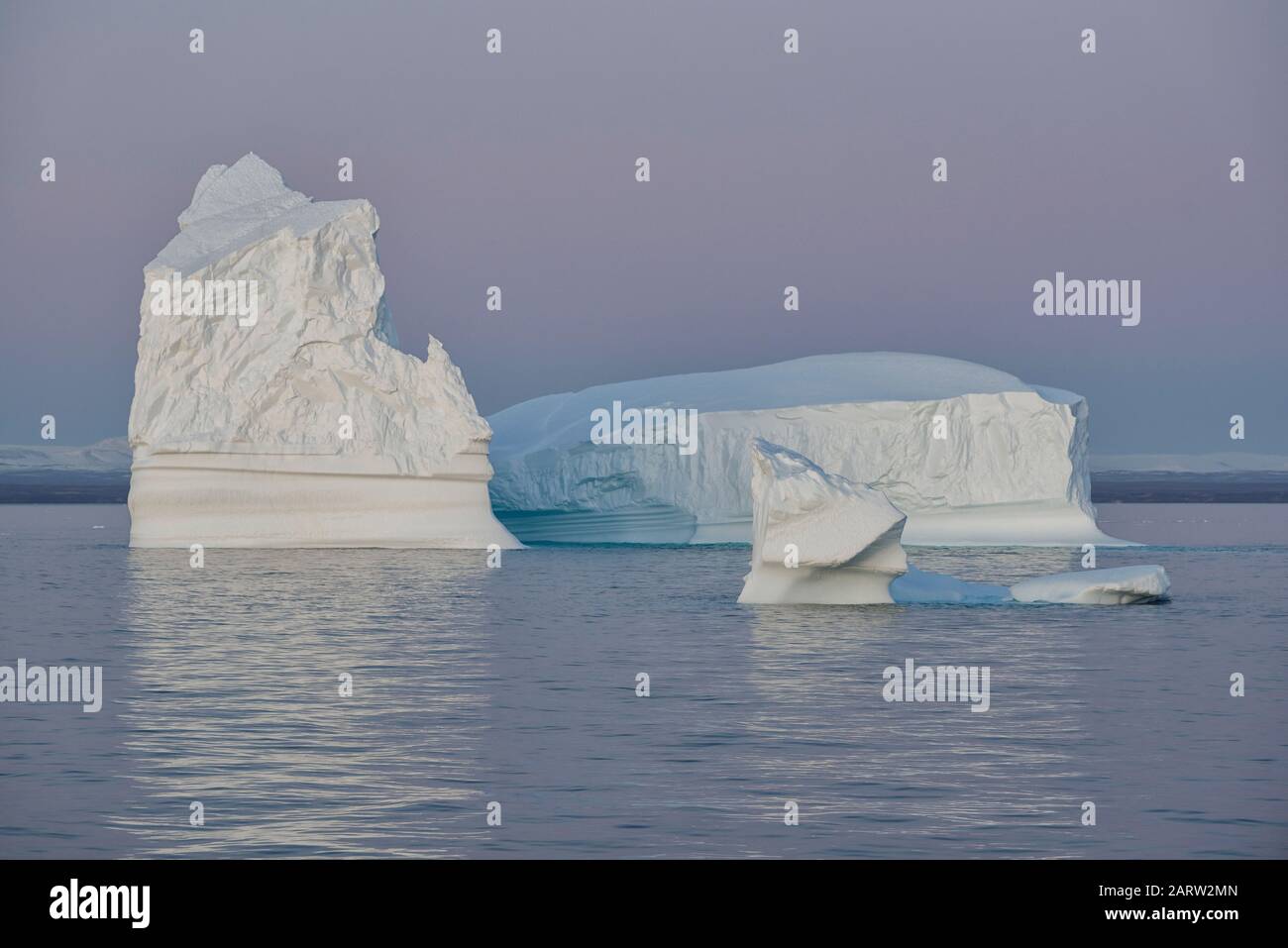 Grandes icebergs flottants au coucher du soleil, Scoresby Sund. Kangertittivaq, Groenland, Danemark Banque D'Images