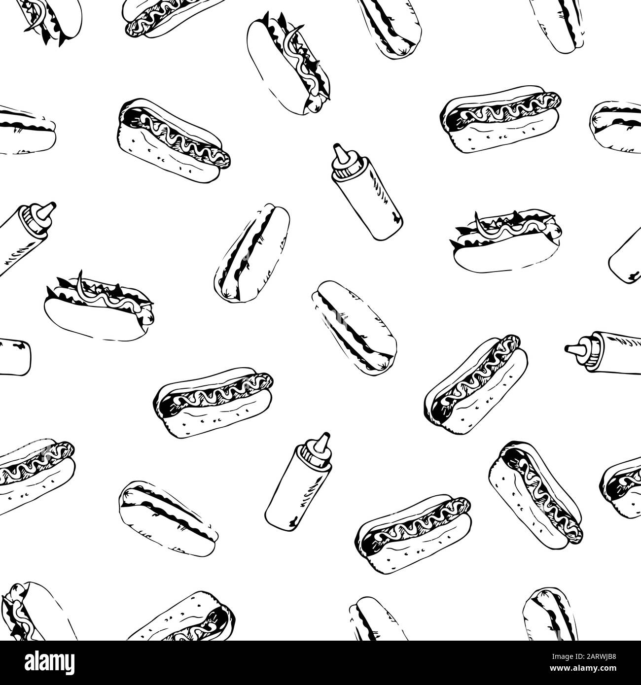 Fond sans coutures hotdog dessiné à la main art Fast food modèle continu à partir de hot dogs et bouteilles en plastique esquisse avec sauce placée au hasard sur blanc. Illustration de Vecteur