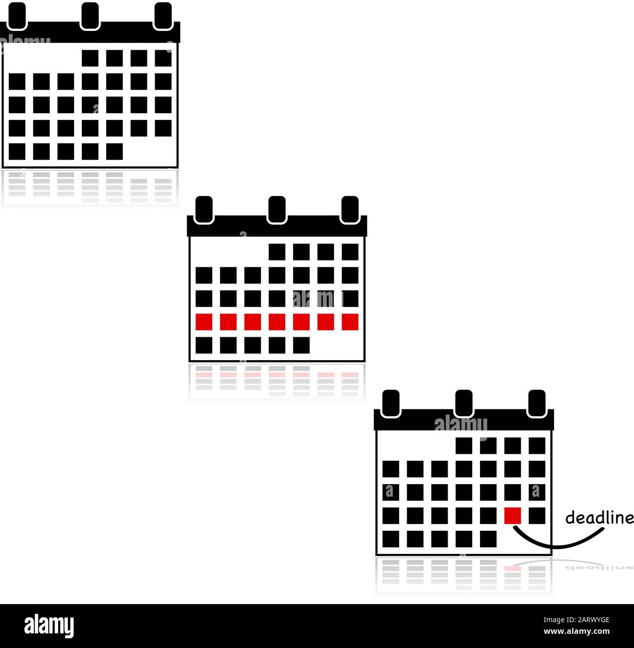 Icon Set montrant des calendriers, avec l'un d'eux en mettant en évidence une semaine spéciale et un autre mettant en évidence une date limite Illustration de Vecteur