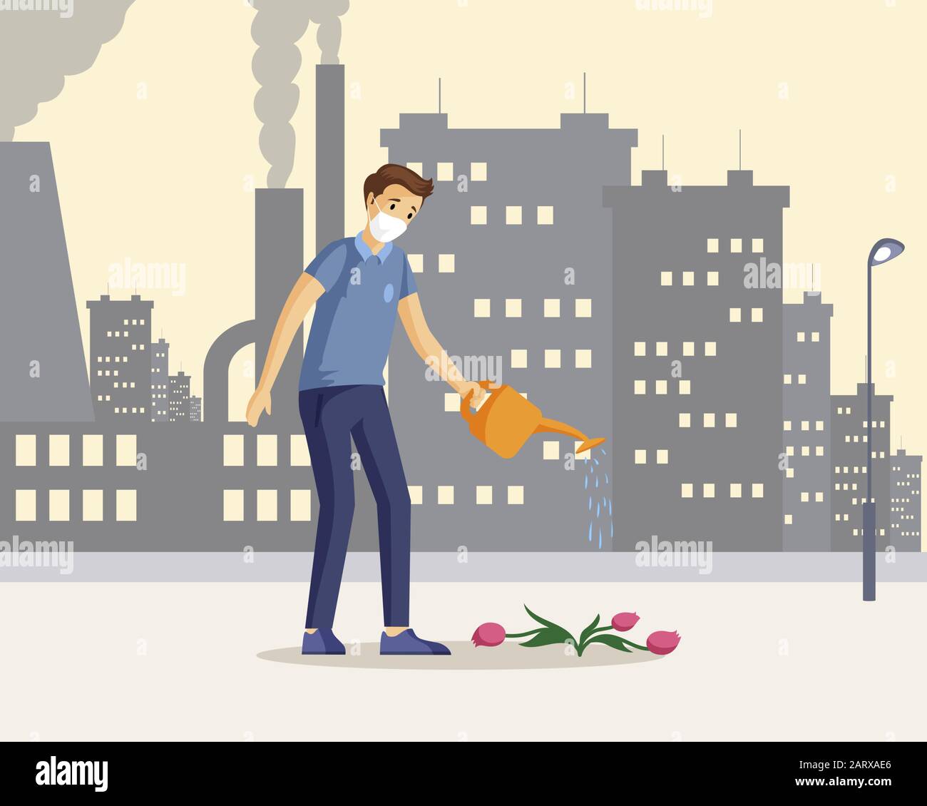 Homme sauvant la nature plate illustration vectorielle. Jeune homme caucasien personnage de dessin animé arrosant des fleurs mourantes dans la ville industrielle. Protection de l'environnement contre la pollution atmosphérique, concept de problème d'émissions de co 2 Illustration de Vecteur