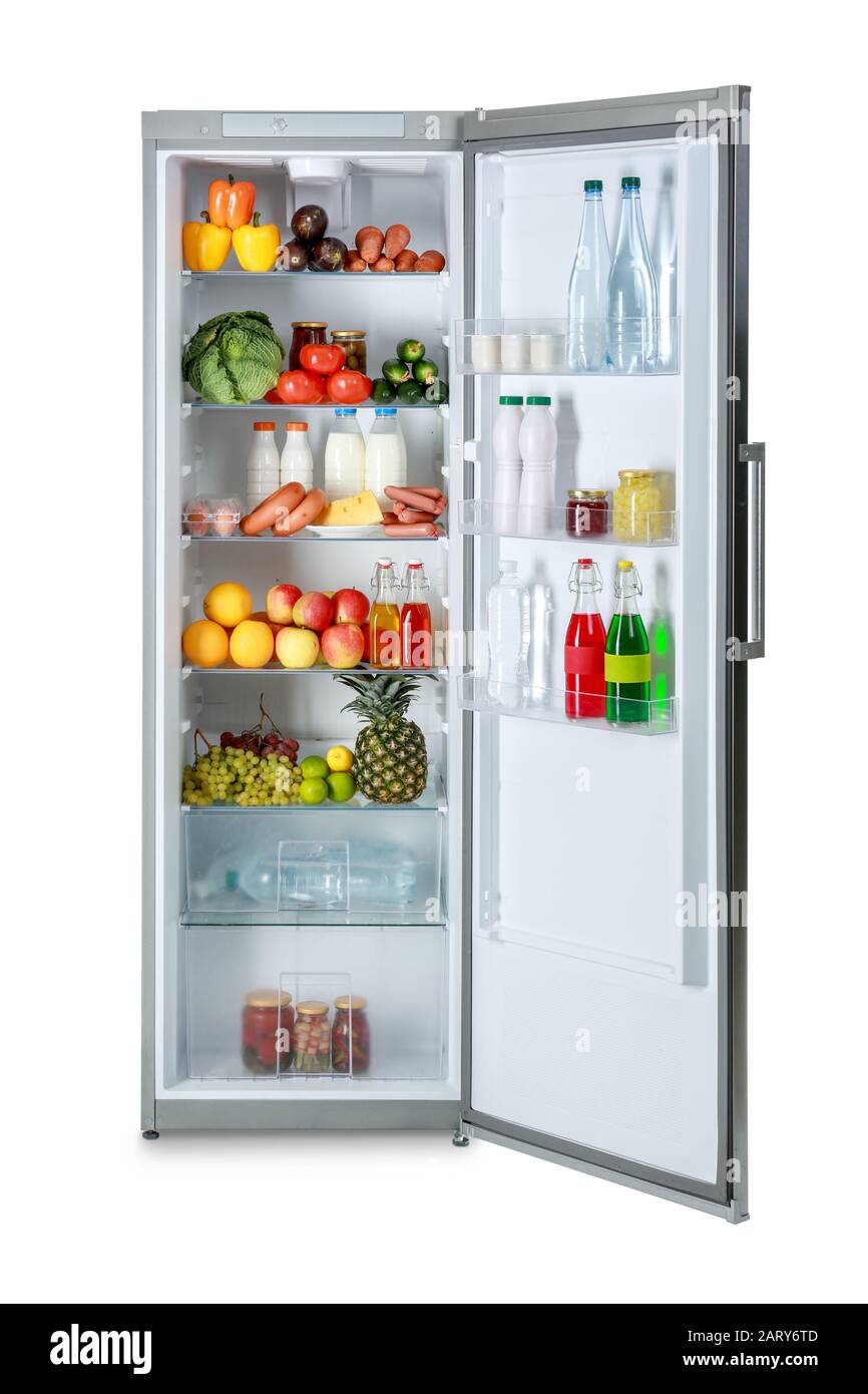 Grand réfrigérateur moderne avec des produits frais sur fond blanc Photo  Stock - Alamy