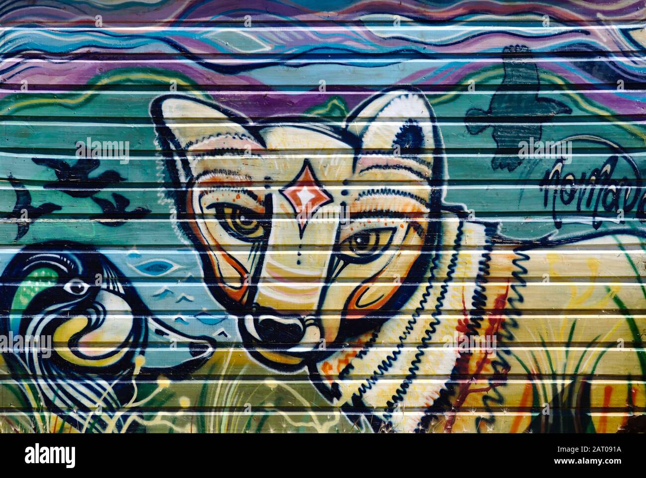 Fresque représentant le renard et l'oiseau peint sur le mur d'une maison de montre dans la réserve de Laguna Nimez à El Calafate, Patagonia, Argentine Banque D'Images