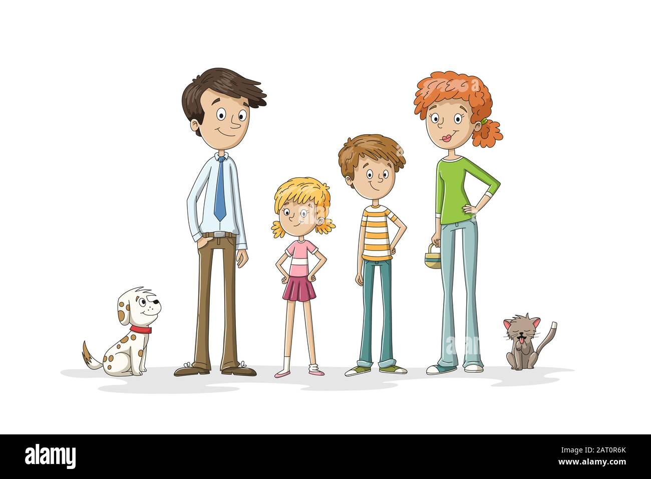 Drôle de famille de dessin animé avec animaux de compagnie. Illustration vectorielle dessinée à la main avec calques séparés. Illustration de Vecteur