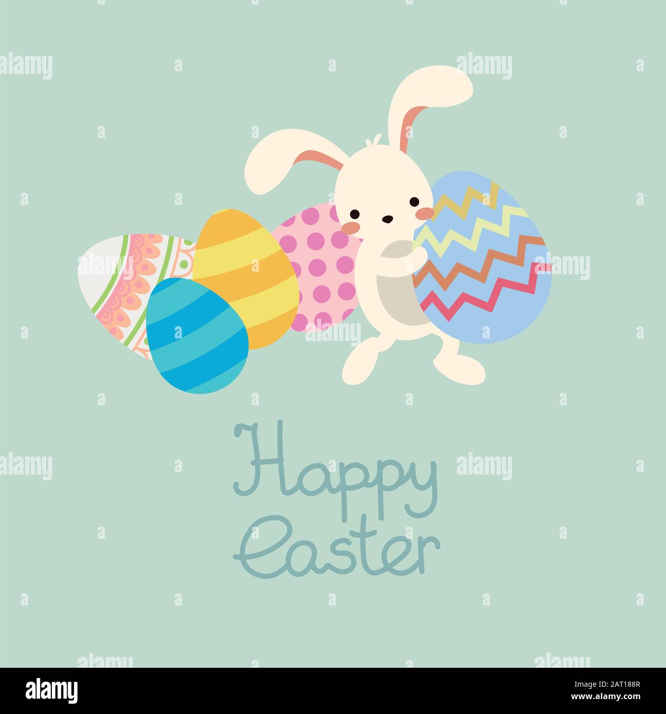 Vector mignon lapin de Pâques avec des oeufs, des fleurs. Illustration de Vecteur