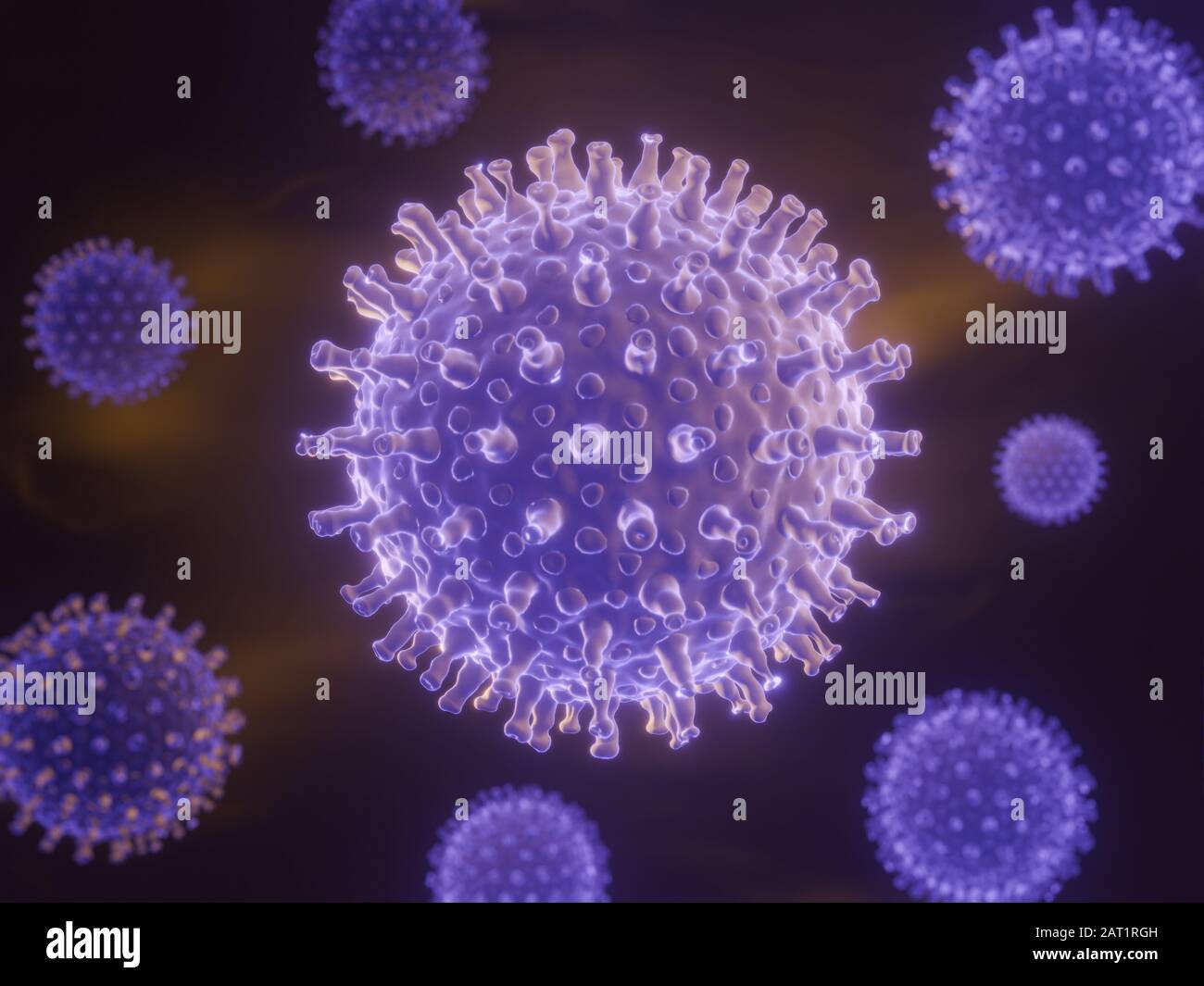 Cellules de coronavirus dans le corps humain. Virus respiratoire en vue microscopique. Illustration du rendu tridimensionnel. Gros plan et espace de copie. Concept de soins de santé. Banque D'Images