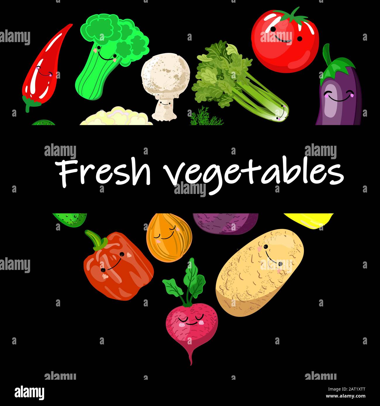 Des icônes colorées de légumes de dessin animé dans le rond isolé sur blanc. Illustration vectorielle de bannière végétale biologique fraîche utilisée pour le magazine, le livre, l'affiche Illustration de Vecteur