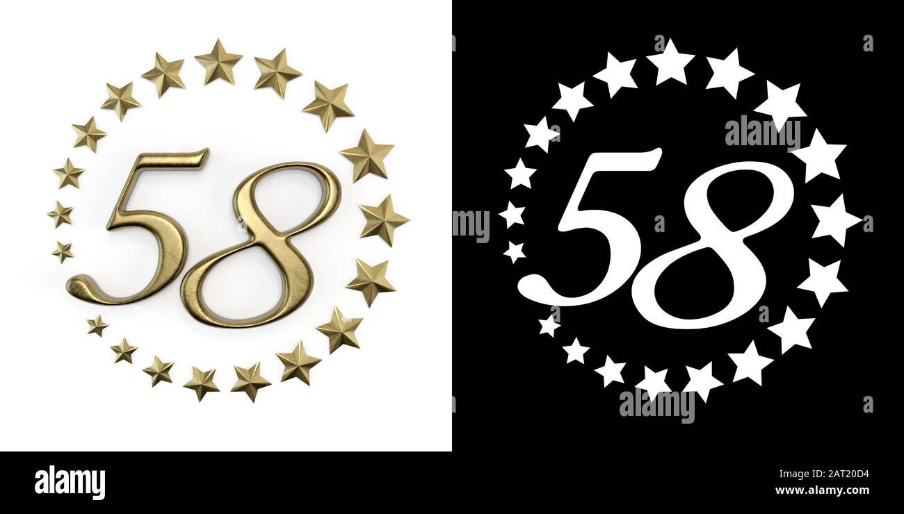 Numéro 58 (numéro cinquante-huit) célébration anniversaire design avec un cercle d'étoiles d'or sur un fond blanc avec ombre et canal alpha. 3-l Banque D'Images