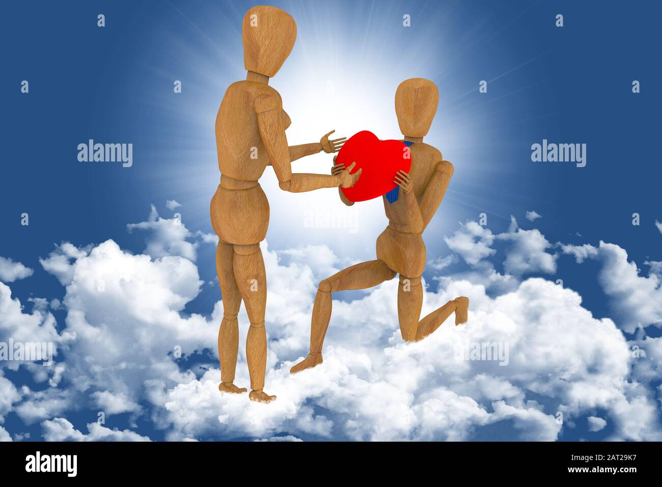 3D illustration. Déclaration d'amour dans le ciel parmi les nuages. Petit ami offre le coeur le jour de la Saint-Valentin. Banque D'Images