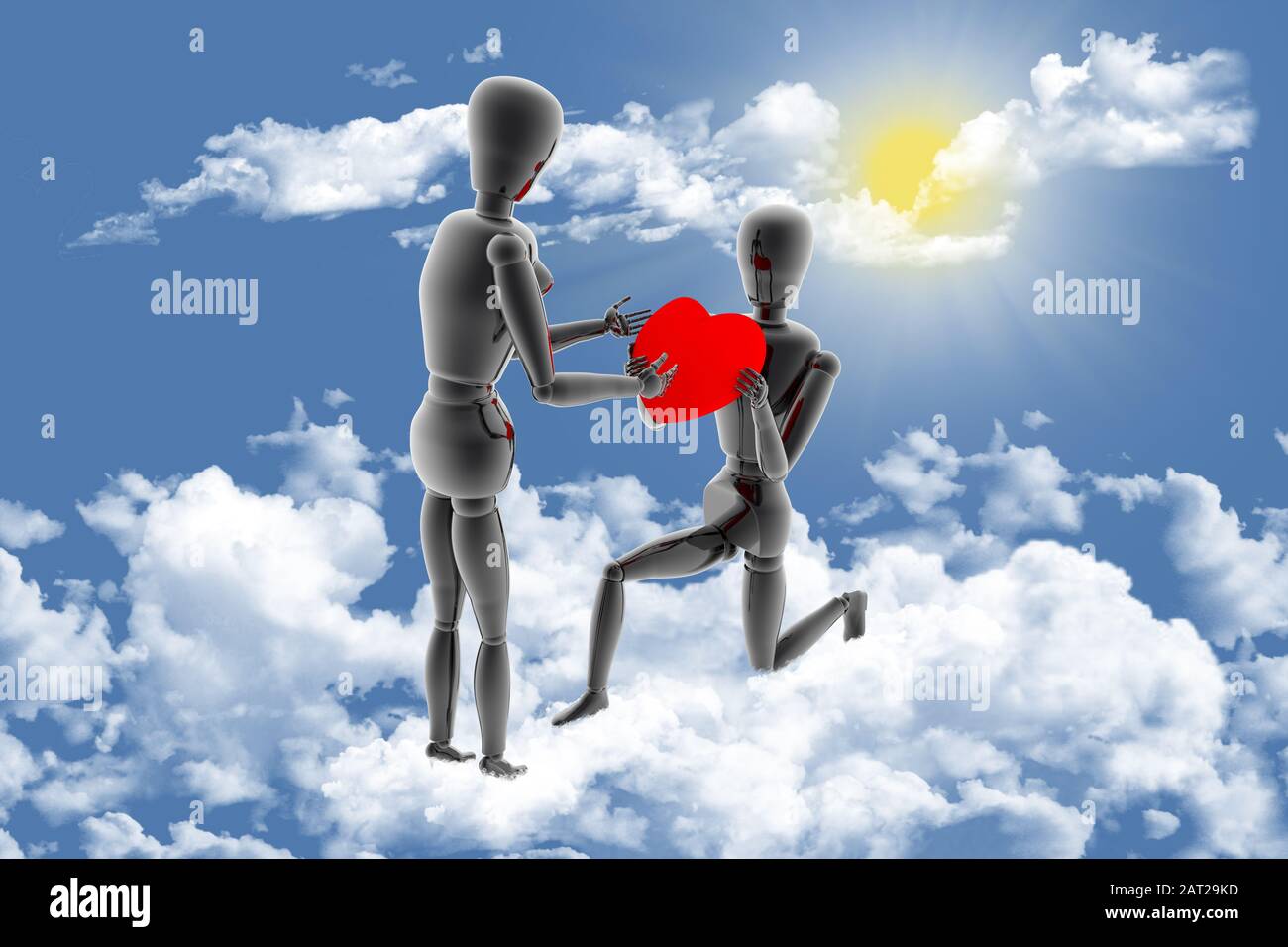 3D illustration. Déclaration d'amour dans le ciel parmi les nuages. Petit ami offre le coeur le jour de la Saint-Valentin. Banque D'Images