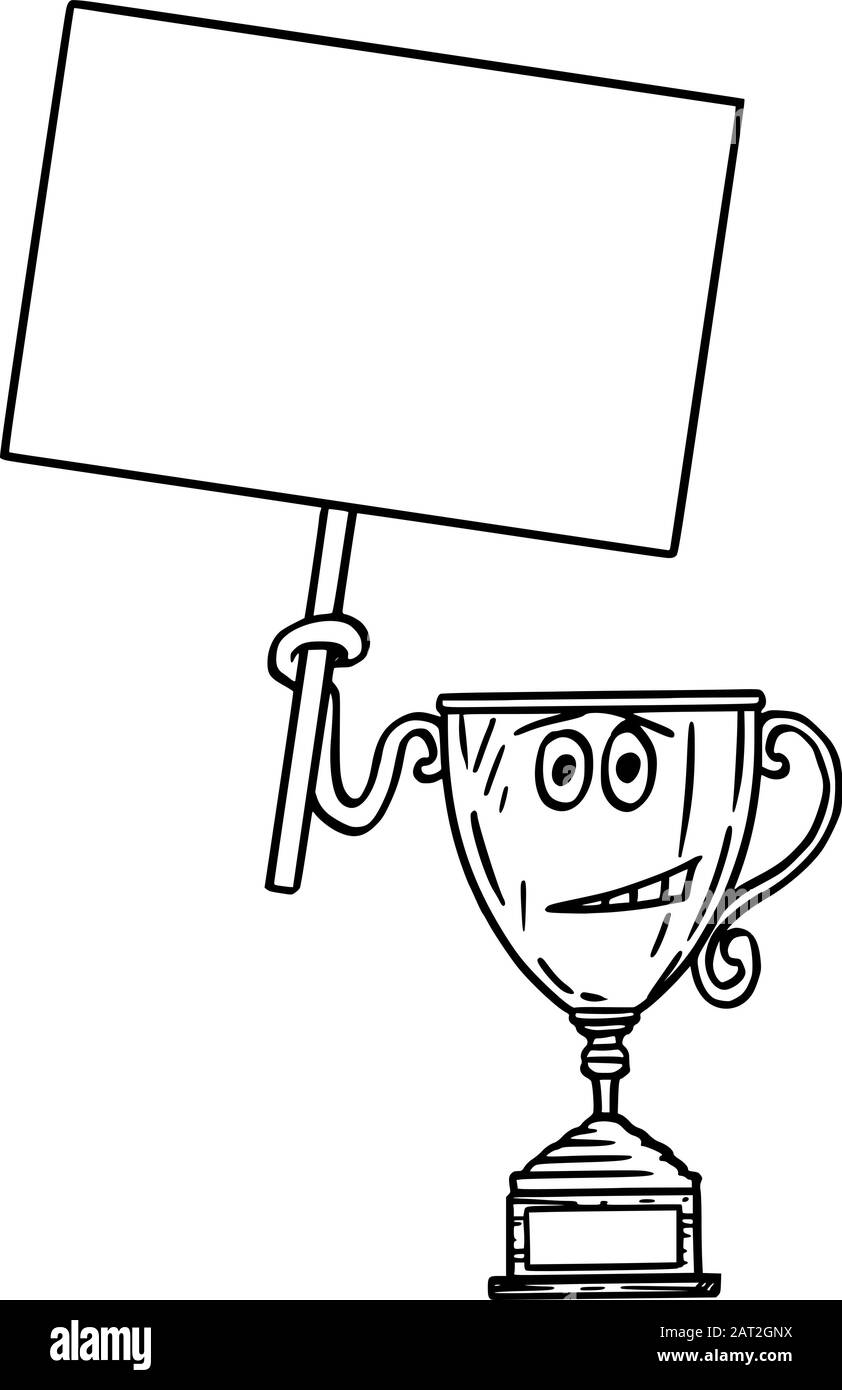 Illustration vectorielle du personnage de la coupe de trophée gagnant de bande dessinée tenant le signe vide dans la main.Sport ou publicité d'affaires ou design de marketing. Illustration de Vecteur