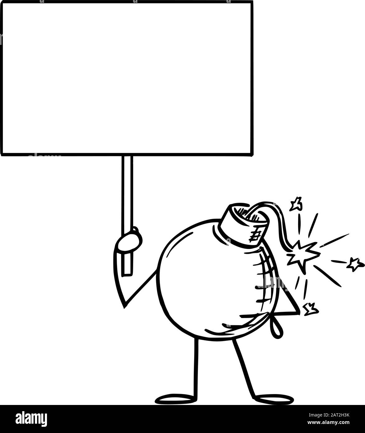 Illustration vectorielle du personnage de bombe rétro de dessin animé tenant le signe vide à la main. Publicité de remise ou de vente ou conception marketing. Illustration de Vecteur