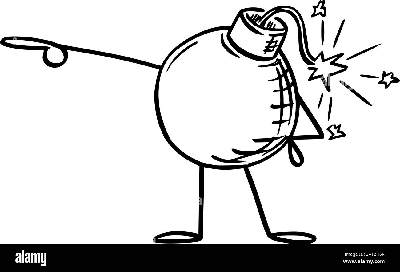 Illustration vectorielle d'un personnage de bombe rétro de dessin animé montrant ou pointant quelque chose à la main. Publicité de remise ou de vente ou conception marketing. Illustration de Vecteur