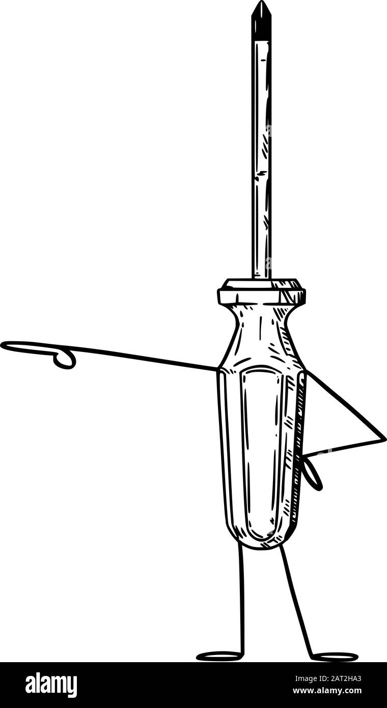 Illustration vectorielle du caractère de tournevis à dessin animé montrant ou pointant quelque chose à la main. Publicité artisanale ou à outils ou conception marketing. Illustration de Vecteur