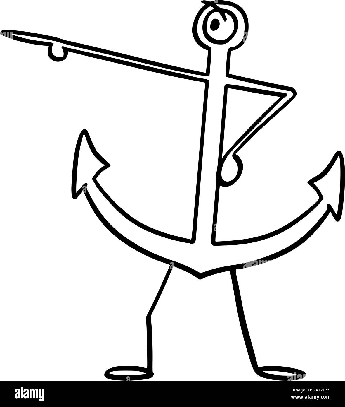 Illustration vectorielle d'un navire de dessin animé ou d'un caractère d'ancrage de bateau montrant ou pointant quelque chose à la main.Publicité nautique ou marine ou conception de marketing. Illustration de Vecteur
