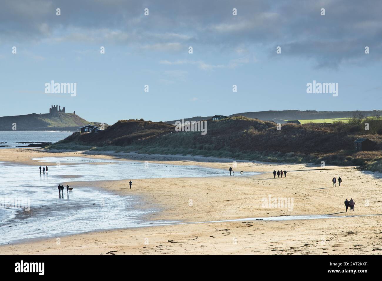 Silhouette de groupes éloignés de marcheurs sur une plage de sable, Low Newton, Northumberland UK. Banque D'Images