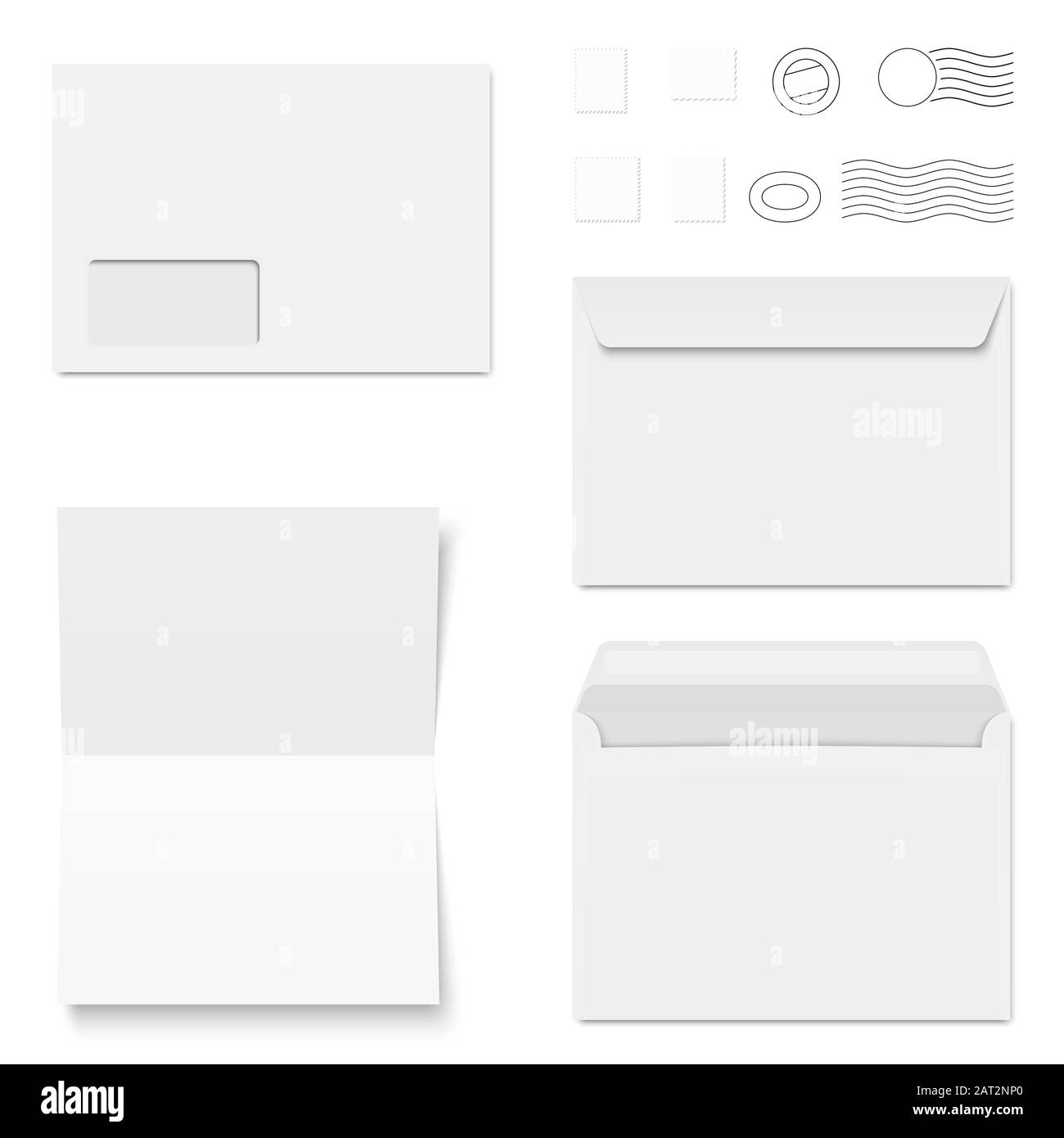 collection d'enveloppes blanches de format standard et de timbres-poste différents Illustration de Vecteur