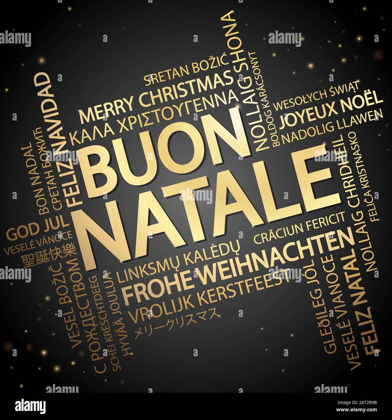 Nuage de mots avec texte Joyeux Noël en différentes langues, au milieu d'un immense et bold écrit en italien Illustration de Vecteur