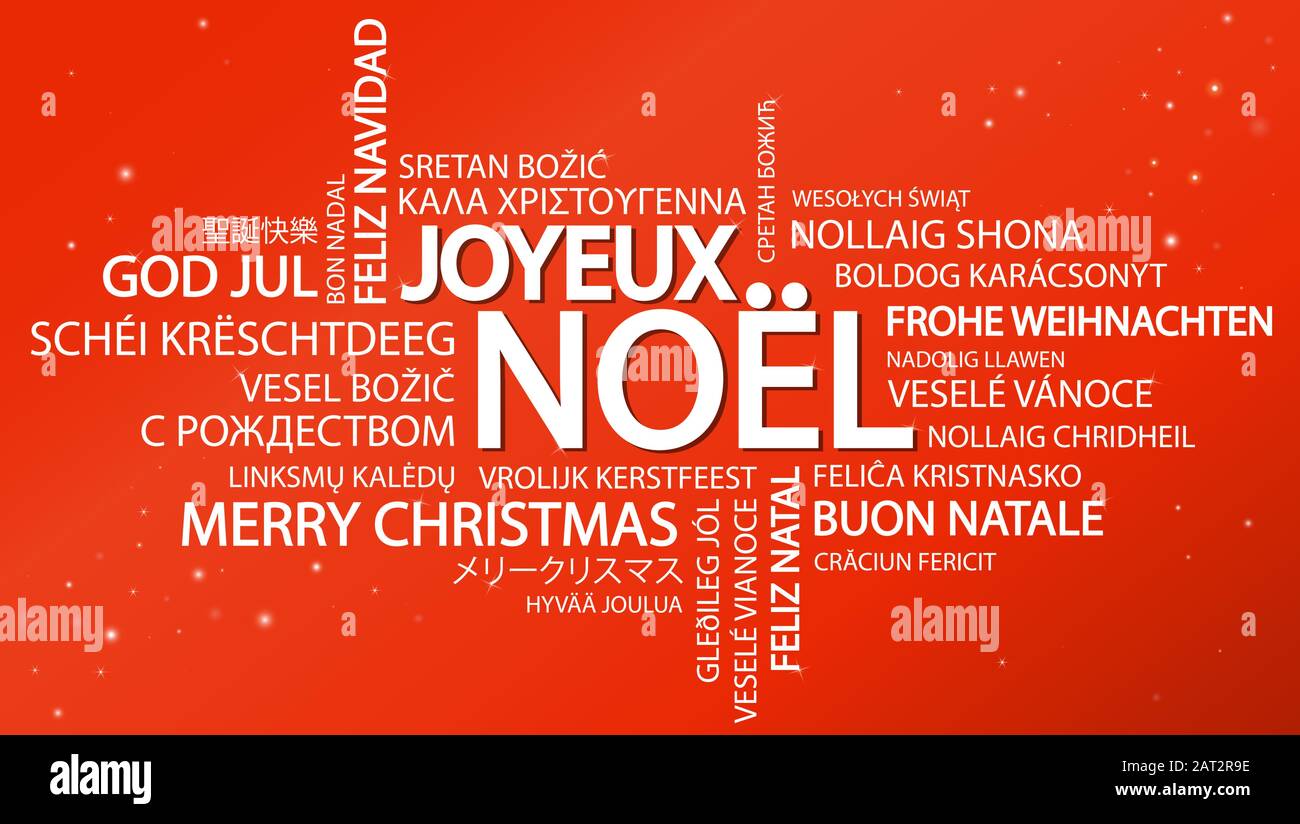 Nuage de mots avec texte Joyeux Noël en différentes langues, au milieu d'un immense et bold écrit en français Illustration de Vecteur