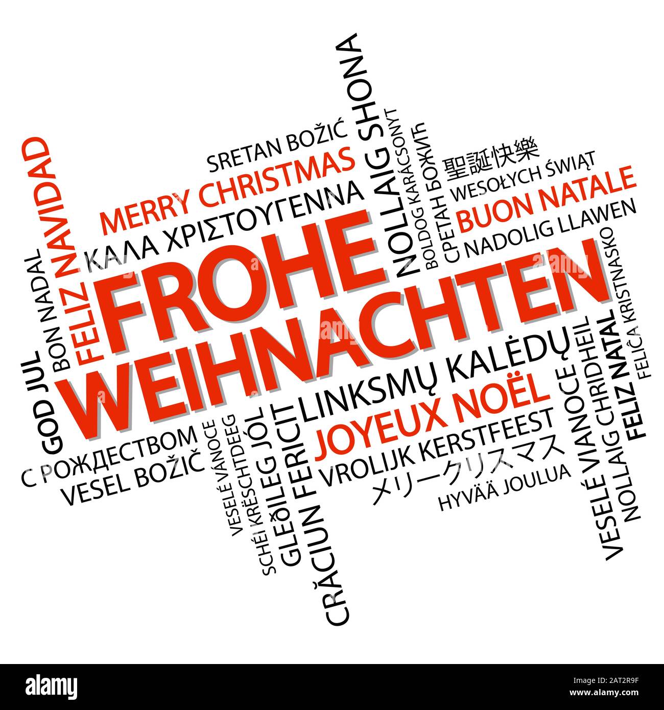 Nuage de mots avec texte Joyeux Noël dans différentes langues, au milieu un grand et gras écrit en allemand Illustration de Vecteur