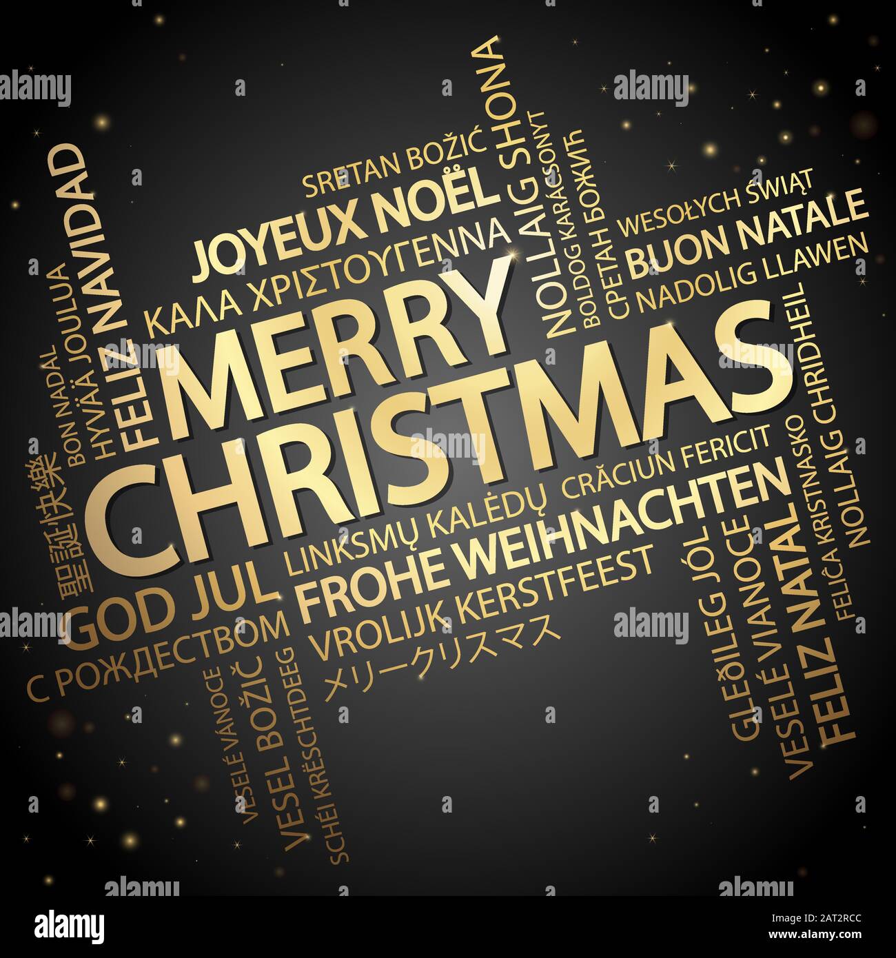 Nuage de mots avec texte Joyeux Noël dans différentes langues, au milieu un grand et gras écrit en anglais Illustration de Vecteur