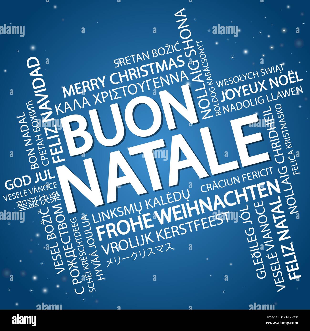 Nuage de mots avec texte Joyeux Noël en différentes langues, au milieu d'un immense et bold écrit en italien Illustration de Vecteur