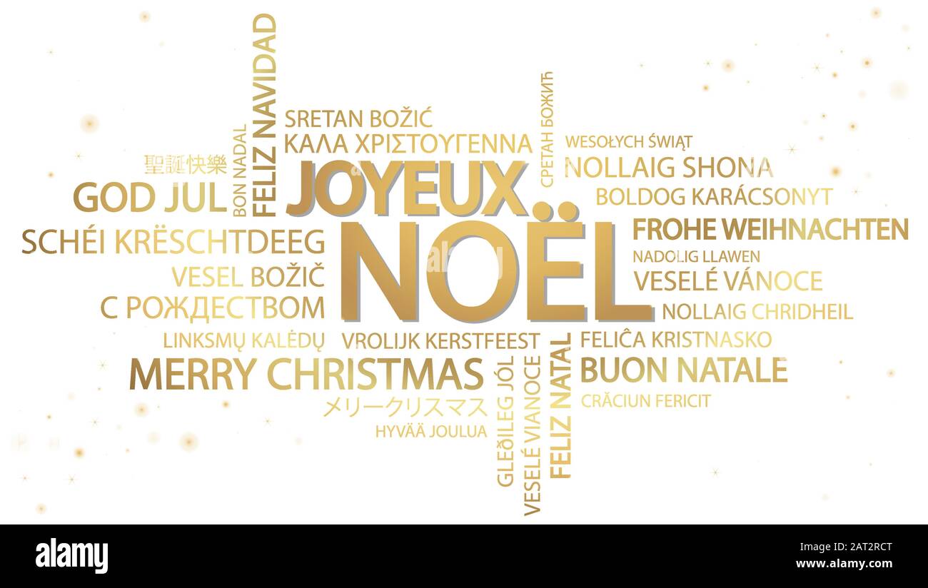 Nuage de mots avec texte Joyeux Noël en différentes langues, au milieu d'un immense et bold écrit en français Illustration de Vecteur