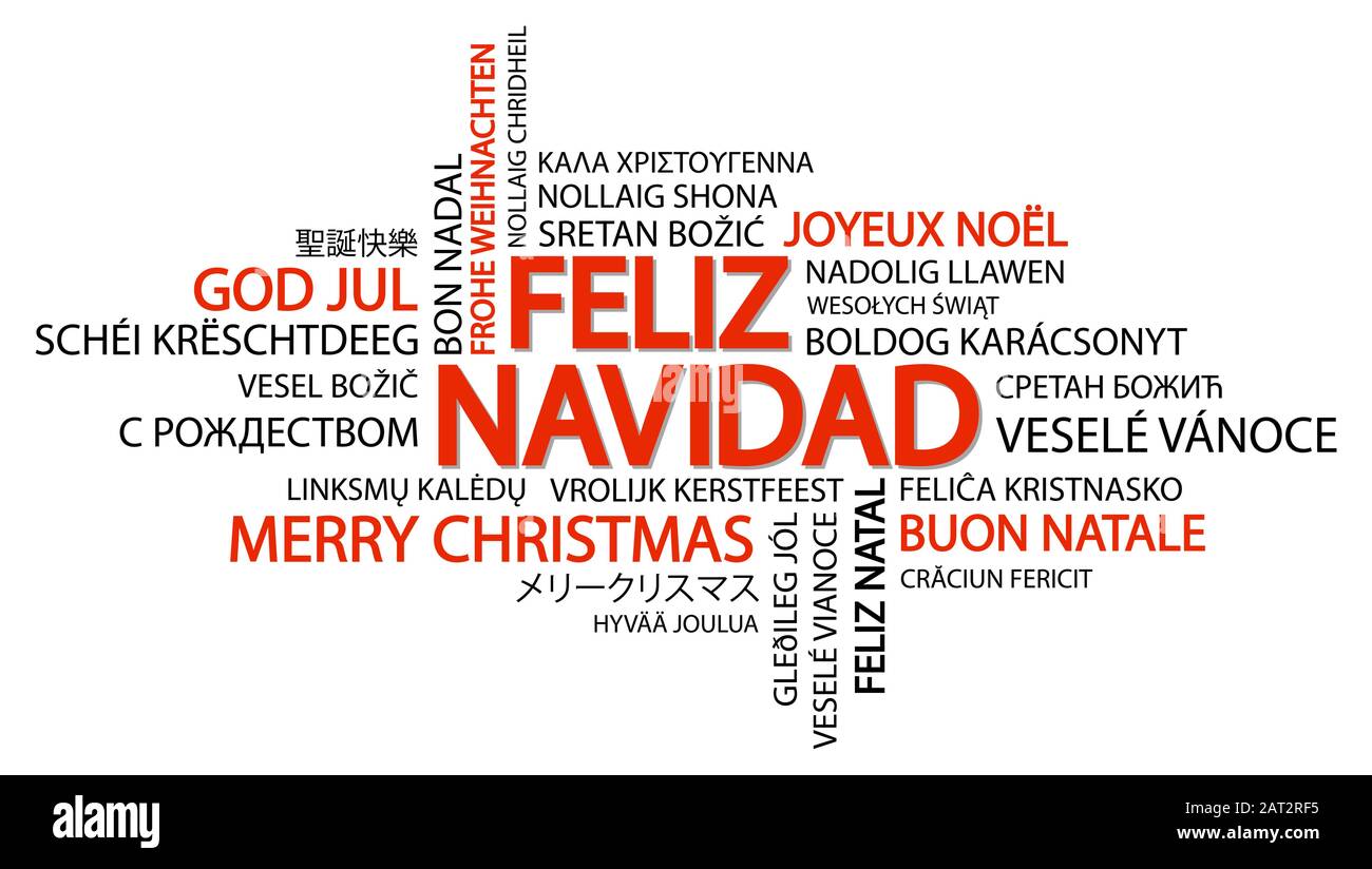 Nuage de mots avec texte Joyeux Noël en différentes langues, au milieu d'un immense et bold écrit en espagnol Illustration de Vecteur