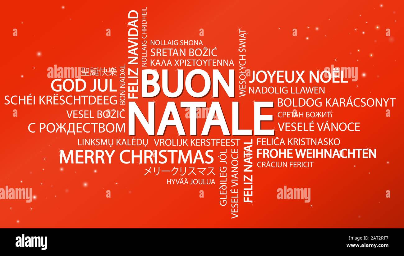 Nuage de mots avec texte Joyeux Noël en différentes langues, au milieu d'un immense et bold écrit en italien Illustration de Vecteur