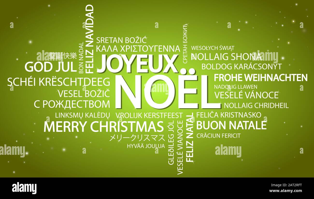 Nuage de mots avec texte Joyeux Noël en différentes langues, au milieu d'un immense et bold écrit en français Illustration de Vecteur
