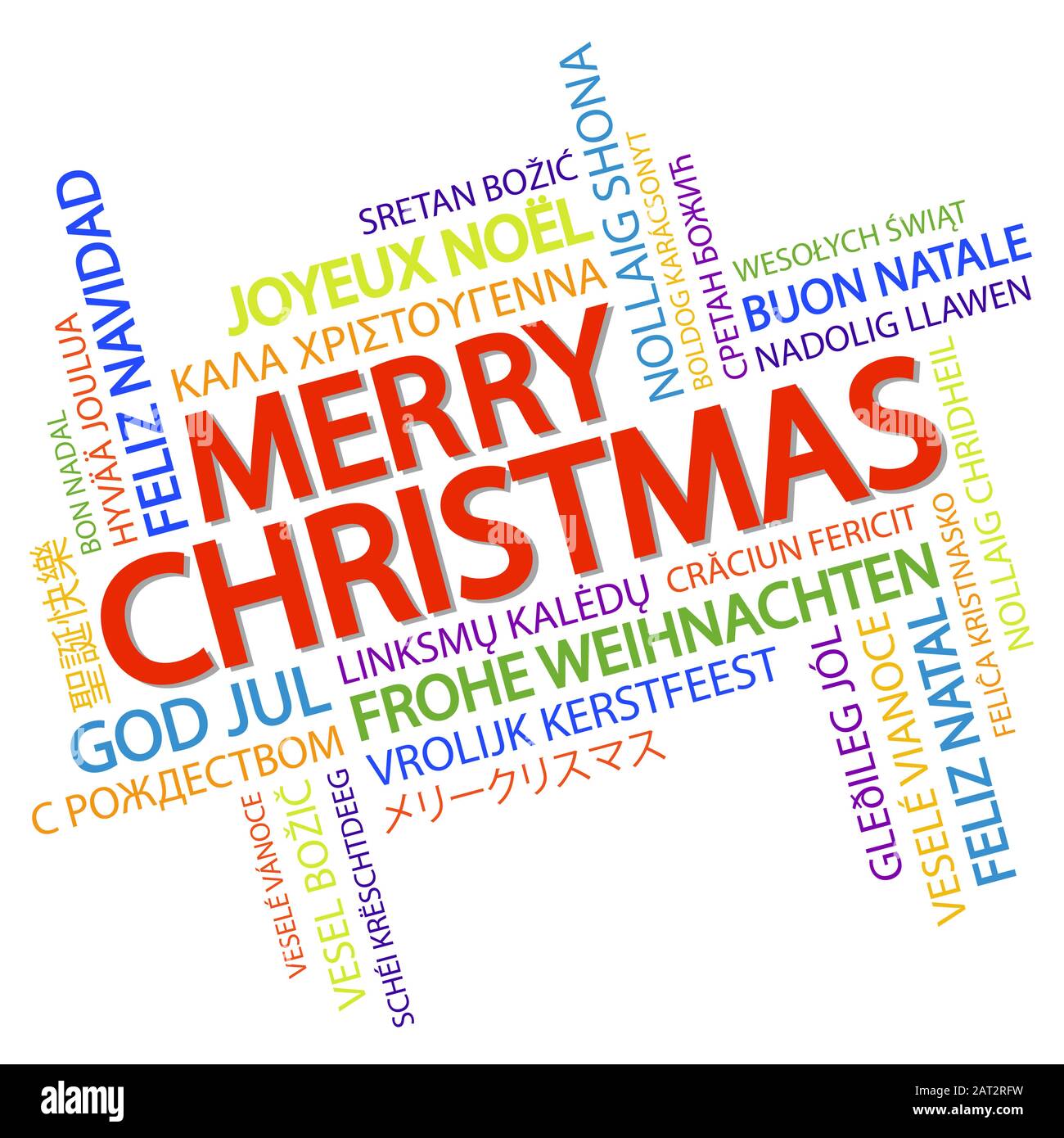 Nuage de mots avec texte Joyeux Noël dans différentes langues, au milieu un grand et gras écrit en anglais Illustration de Vecteur