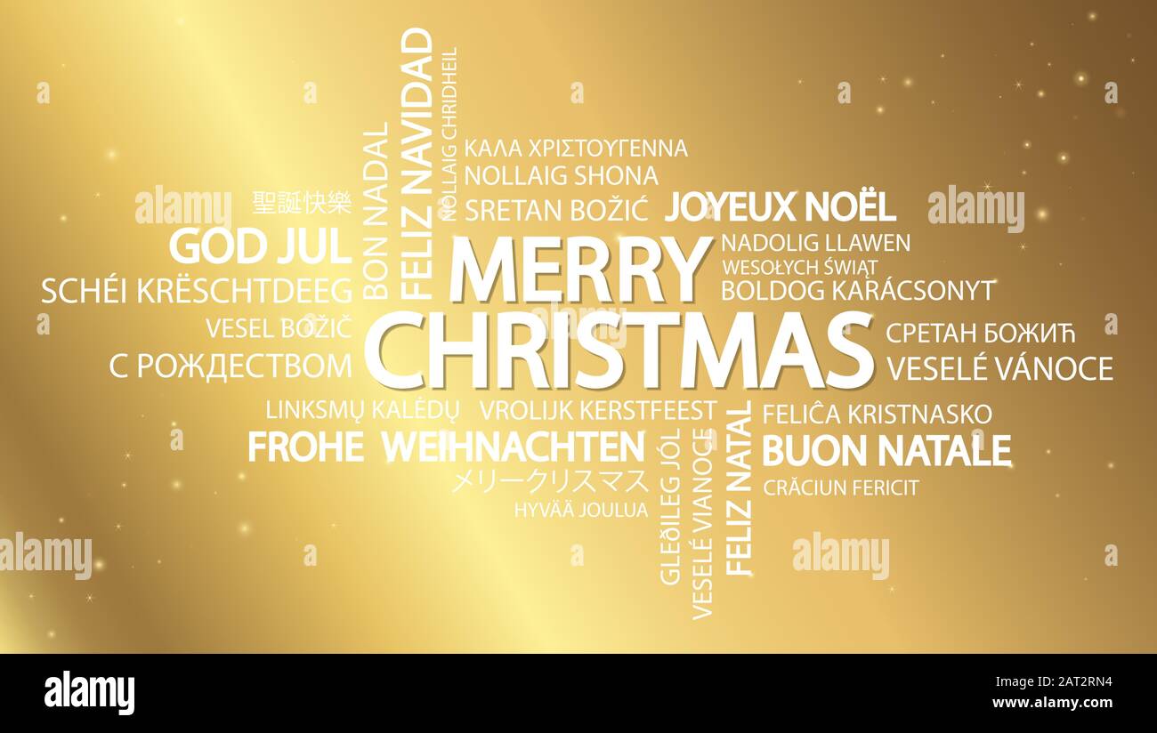 Nuage de mots avec texte Joyeux Noël dans différentes langues, au milieu un grand et gras écrit en anglais Illustration de Vecteur