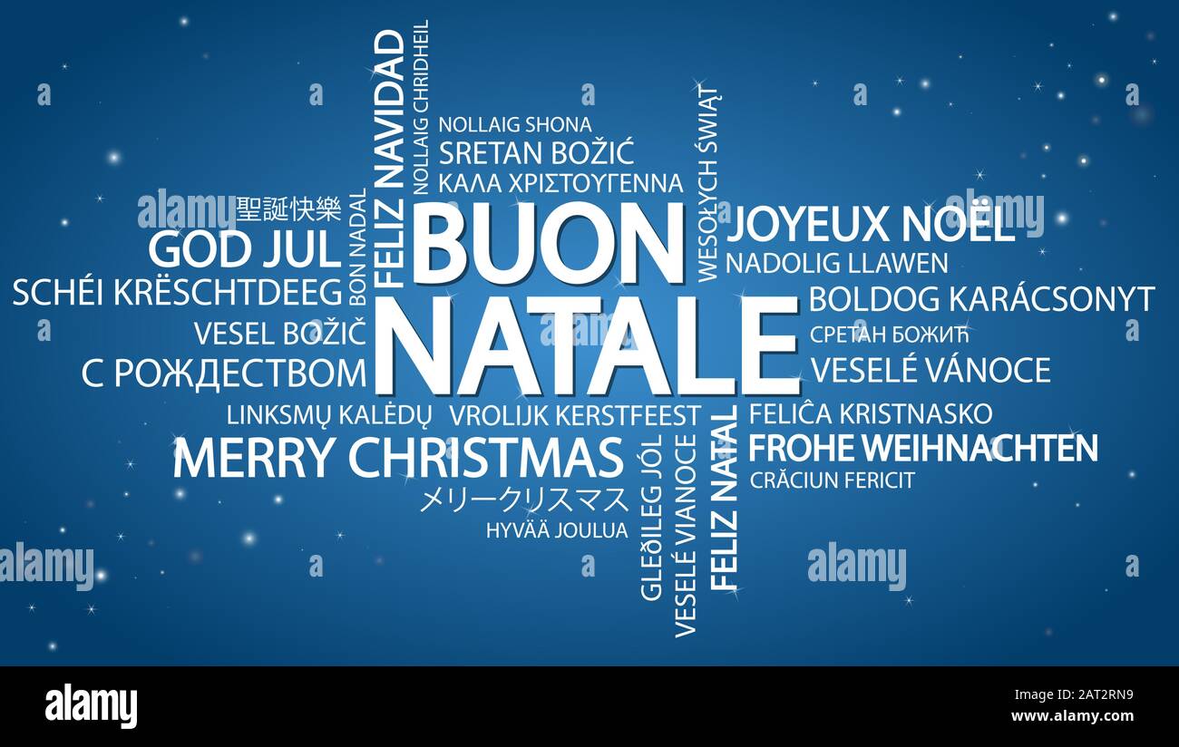 Nuage de mots avec texte Joyeux Noël en différentes langues, au milieu d'un immense et bold écrit en italien Illustration de Vecteur