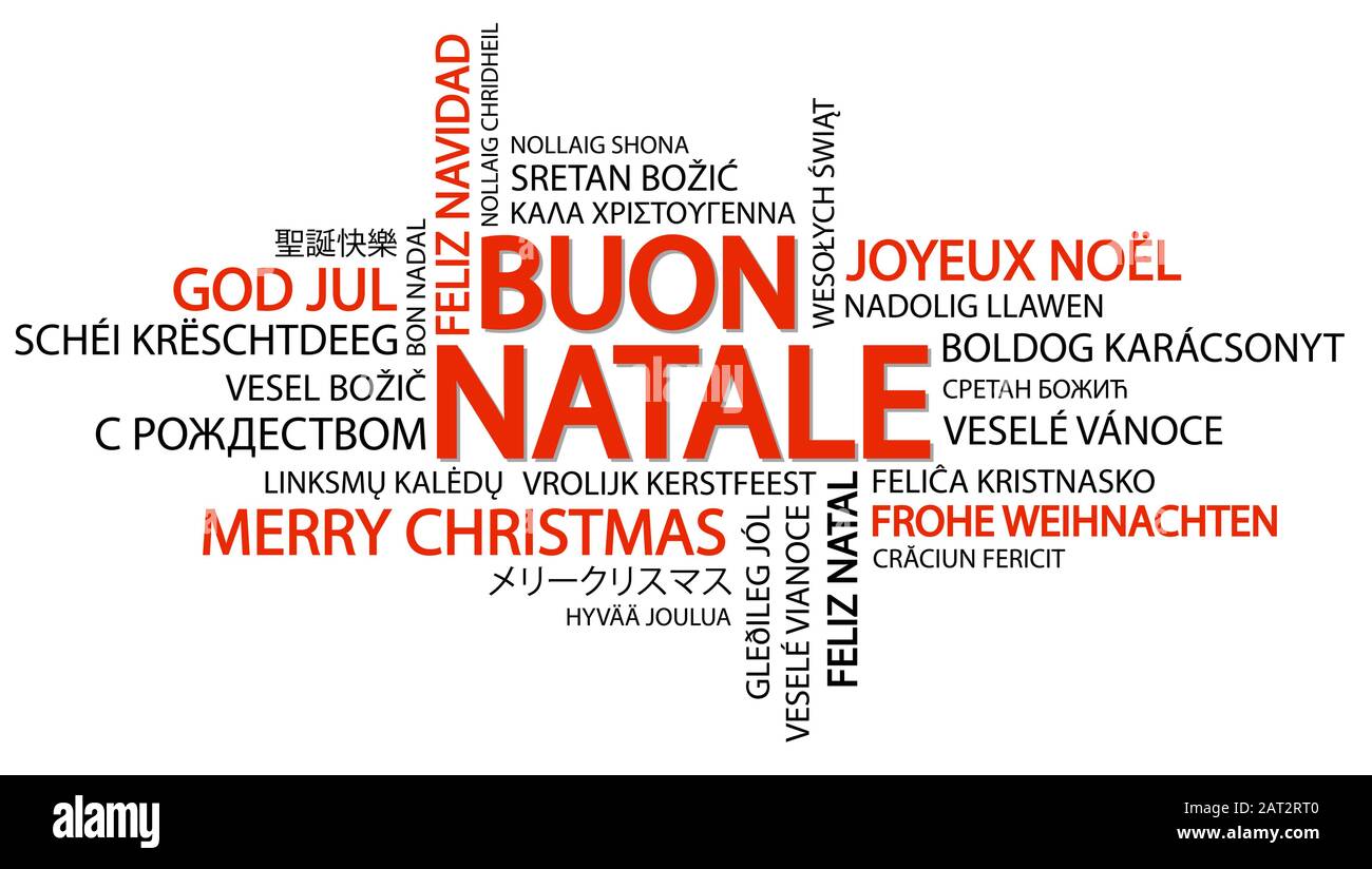 Nuage de mots avec texte Joyeux Noël en différentes langues, au milieu d'un immense et bold écrit en italien Illustration de Vecteur