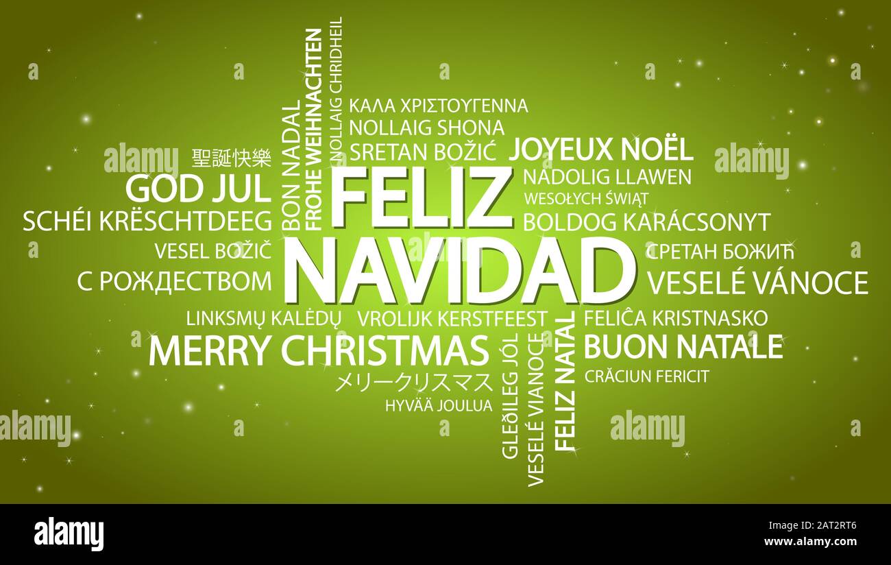Nuage de mots avec texte Joyeux Noël en différentes langues, au milieu d'un immense et bold écrit en espagnol Illustration de Vecteur