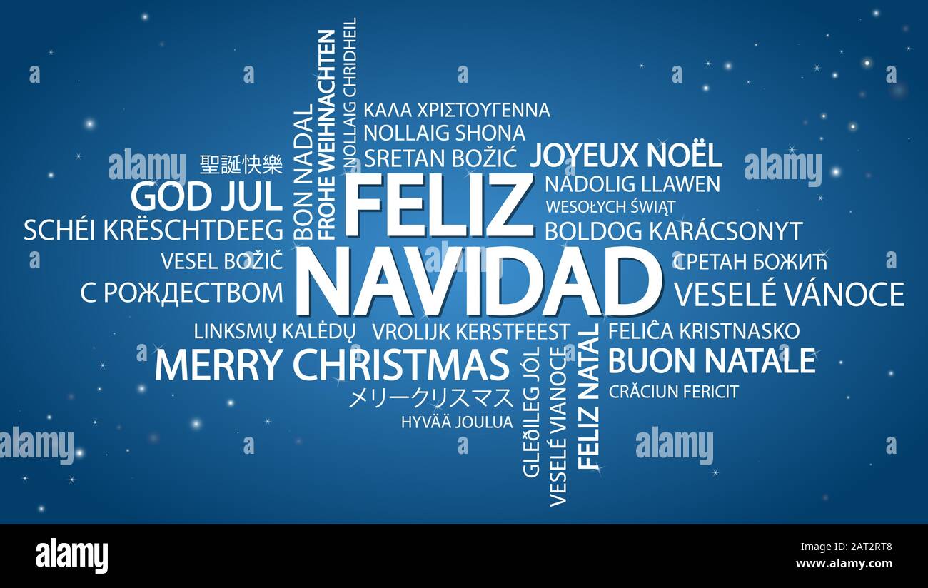 Nuage de mots avec texte Joyeux Noël en différentes langues, au milieu d'un immense et bold écrit en espagnol Illustration de Vecteur