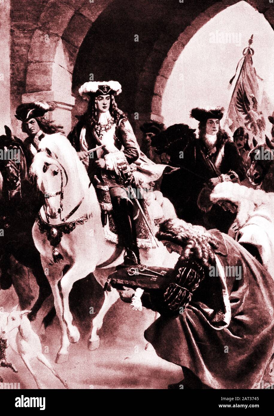 Le prince Eugene avec ses forces autrichiennes entrant à Belgrade en 1717 après un mois de siège.le prince Eugene Francis de Savoy–Carignano (1663 – 1736) était un maréchal de champ dans l'armée du Saint Empire romain et de la dynastie autrichienne de Hapsburg. Le succès à Belgrade a été le point de couronnement de la carrière militaire d'Eugene.Eugene n'a jamais épousé et la suggestion est qu'il était essentiellement homosexuel Banque D'Images