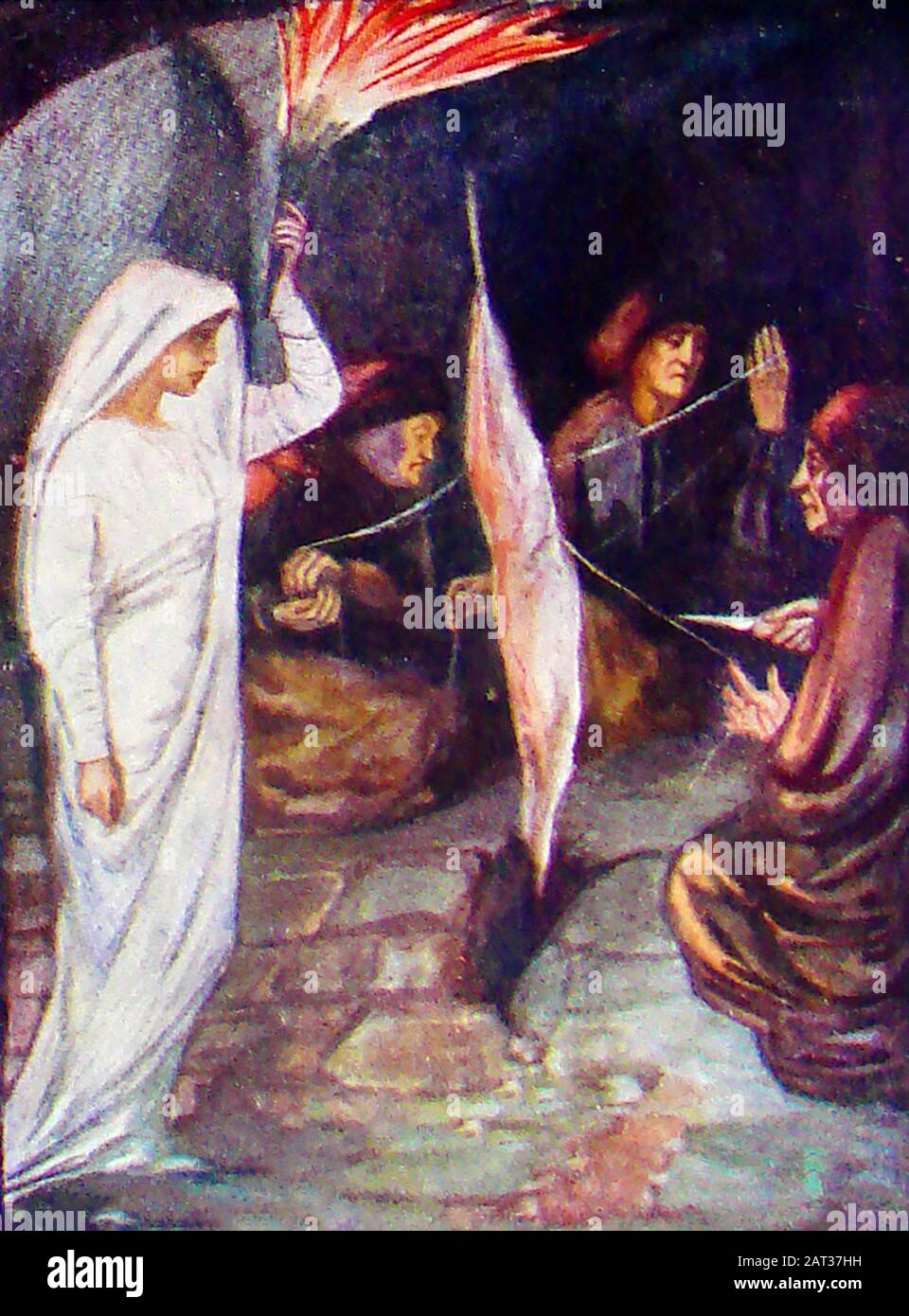 Mythologie - LA FEMME FATE-A demandant aux fates de donner à ses enfants de longues vies - Également connu sous le nom de moirai / Moirae étaient les trois déesses du destin qui contrôlaient le destin de l'homme, donnant à chaque personne son destin ou sa part dans le schéma des choses. Leur nom signifie « pièces ». « pièces » ou « Portions Avec Points ». Individuellement, elles étaient appelées Clotho (ou Klotho) le disque; Lakhesis ou Lachesis qui répartissaient les lots et les fils de tissu de longueur mesurée , et Atropos ou Aisa qui avait le pouvoir de couper les cordons courts (mort). Tous étaient contrôlés dans la mythologie par Zeus Moiragetes, le dieu général du destin. Banque D'Images