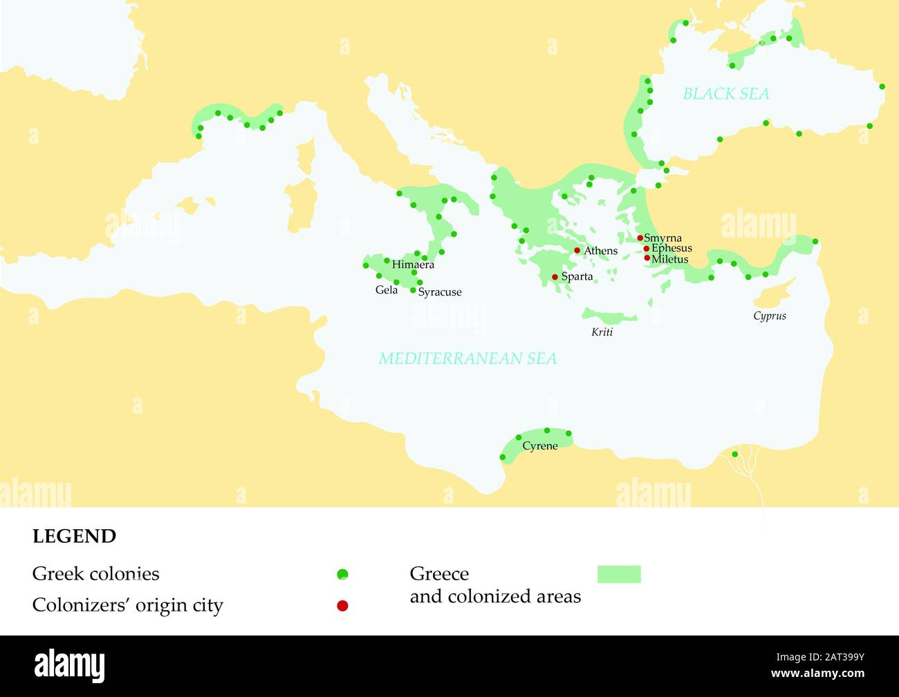 Carte de la grèce antique montrant l'empire grec et ses colonies. Banque D'Images