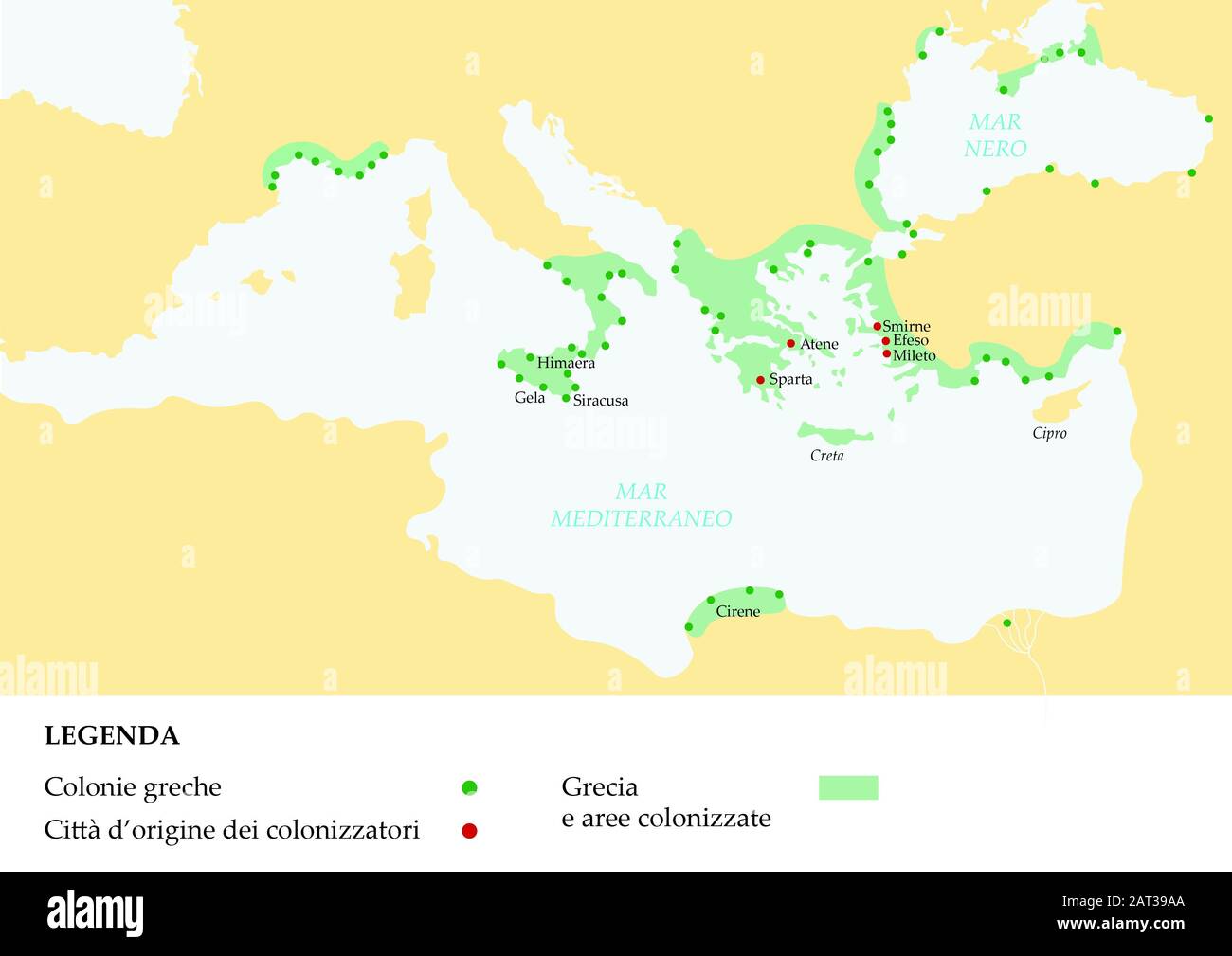 MAPPA impero dell'antica Grecia raffigurante colonia e città conquistate. Banque D'Images
