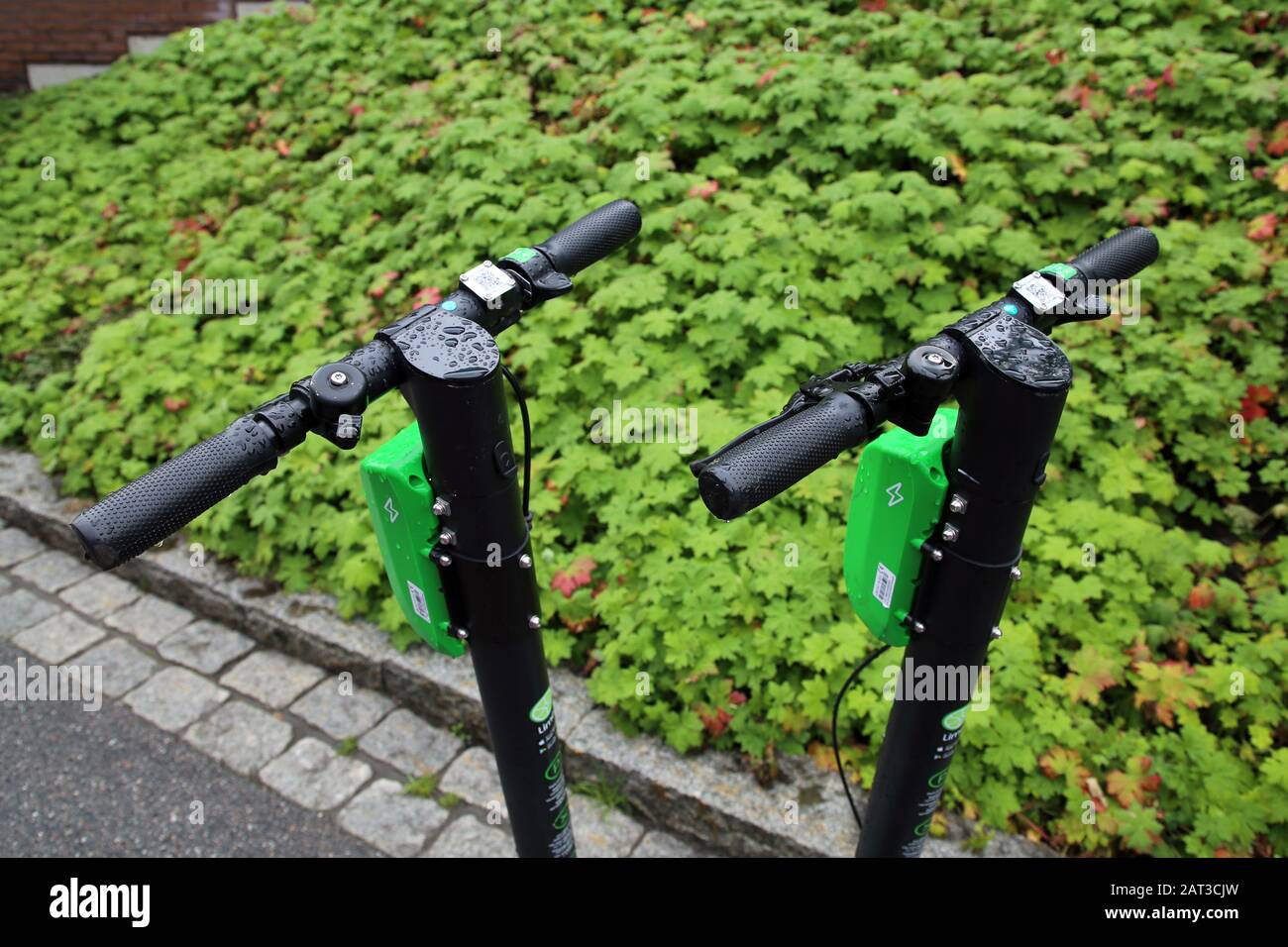 Deux scooters de location électriques à la chaux photographiés pendant une journée estivale ensoleillée à Baana, Helsinki, Finlande, septembre 2019. Une façon de bouger à la mode. Banque D'Images