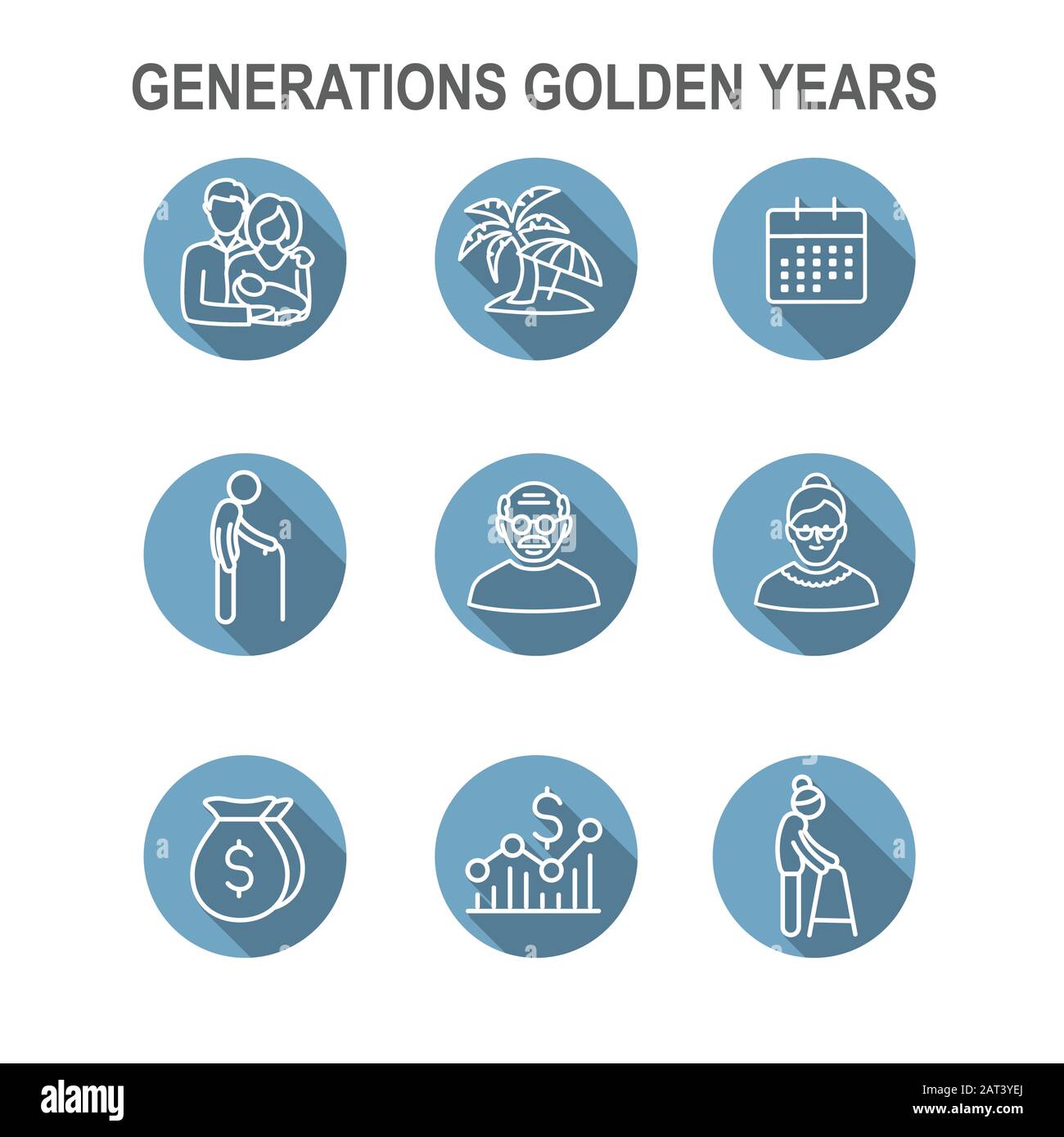 Générations : Années d'or Icon Set avec calendrier de la retraite , l'argent, etc. Illustration de Vecteur
