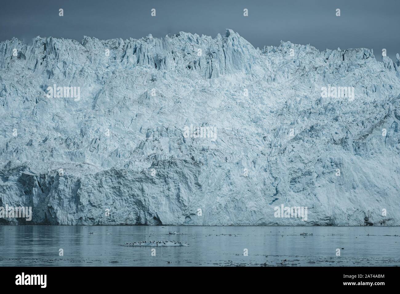 Rapprochée sur glacier énorme mur. De gros morceaux de glace se détachent. Moody et temps couvert. Eqip Sermia appelé glacier Eqi Glacier. Le groenlandais Banque D'Images