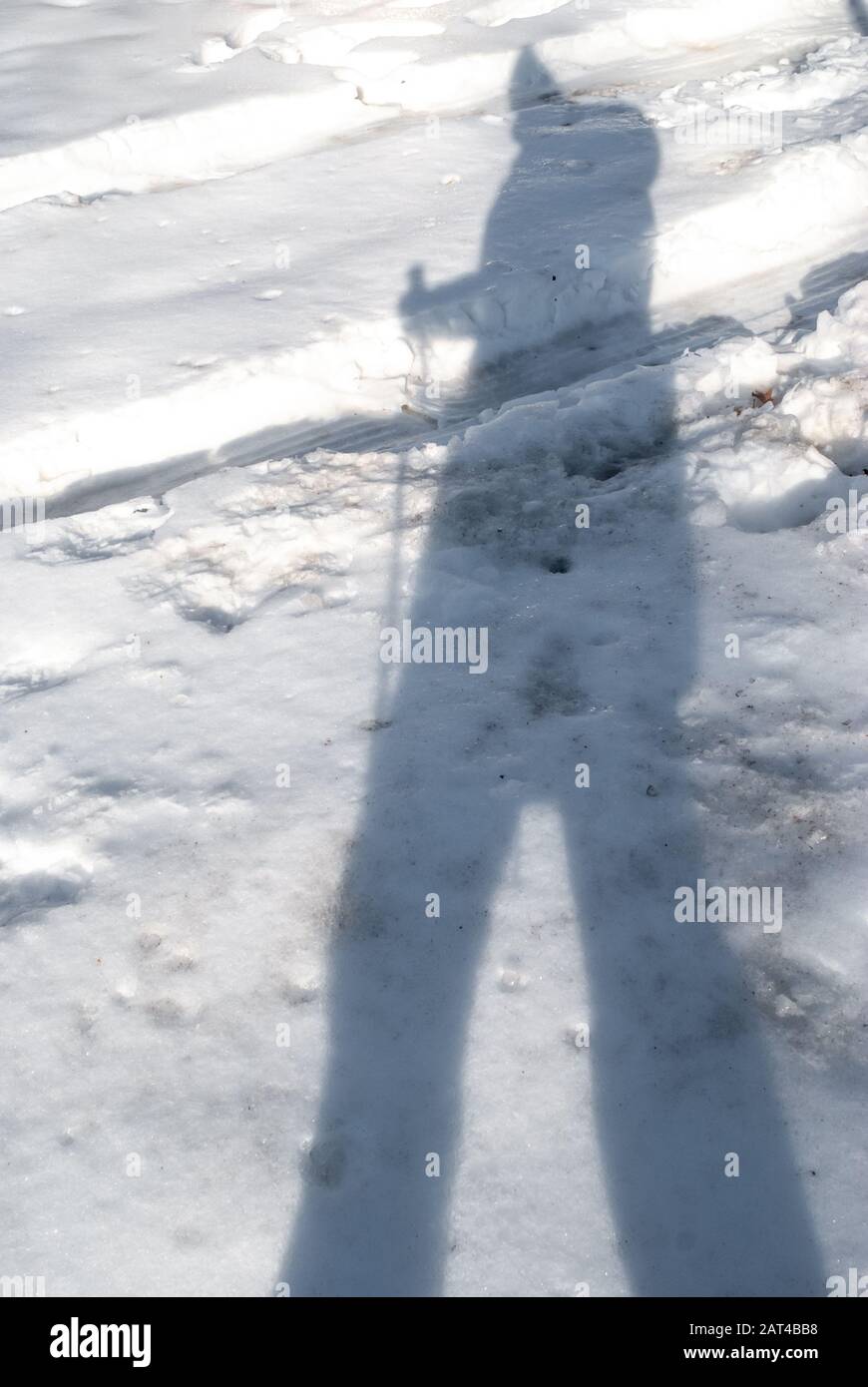 ombre d'une personne marchant avec un poteau sur la neige en hiver Banque D'Images