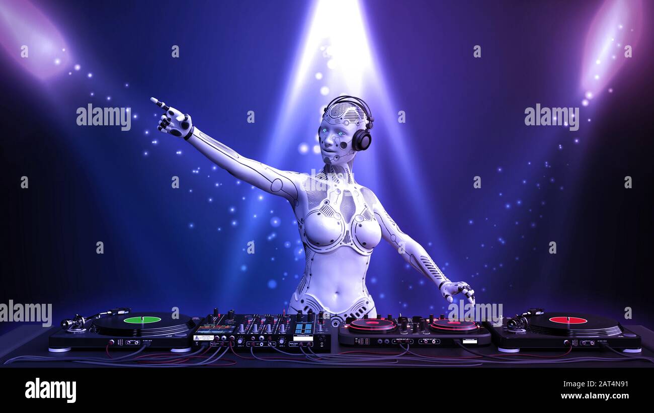 DJ android, robot Disc jockey pointant et jouant de la musique sur les platines, cyborg sur scène avec équipement audio deejay, rendu tridimensionnel Banque D'Images